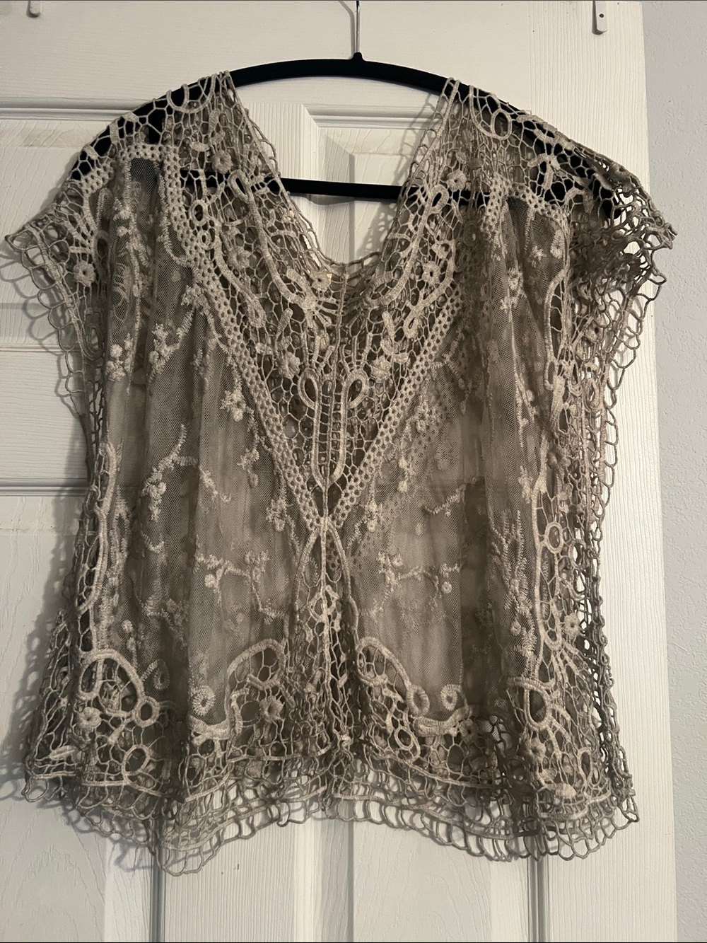 Delicate Lace Overlay Women’s Top — Taupe